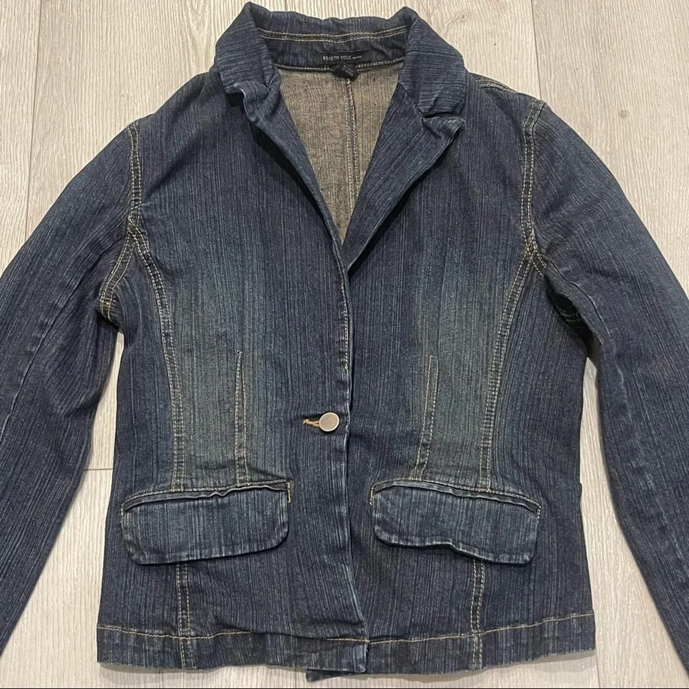 KENNETH COLE Dark Blue Single Button Stretchy Denim Jean Jacket Blazer Size 10